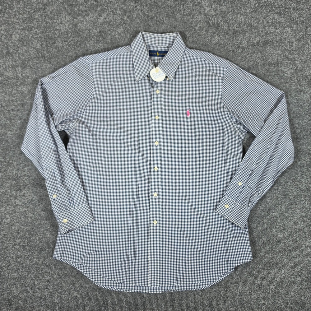 Ralph Lauren Mens Blue White Gingham Check Button Down Shirt Large Pink Pony